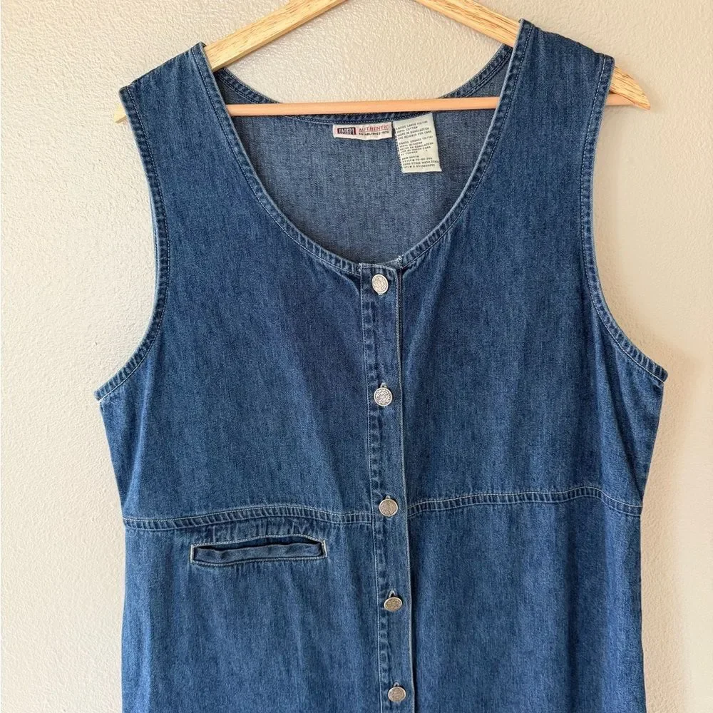 Vintage 90s Y2K Faded Glory 100% Cotton Denim Button Front Tank Dress Size L - Picture 2 of 6